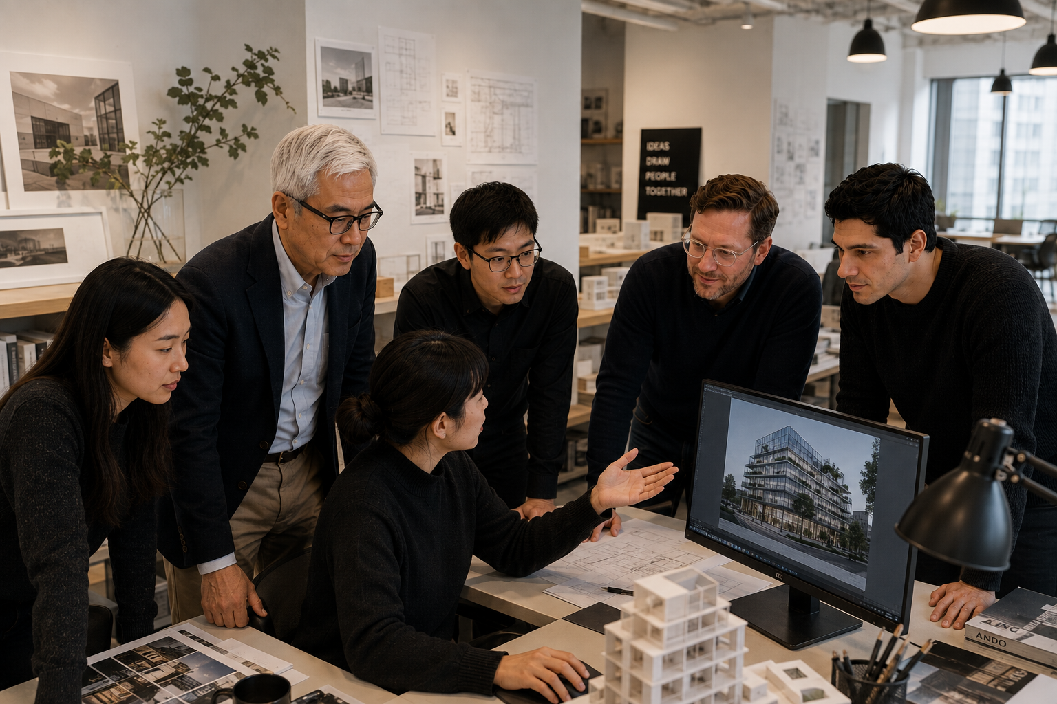 Group of architects or designers discussing building plans and architectural renderings in an office, with a computer displaying a modern building design.