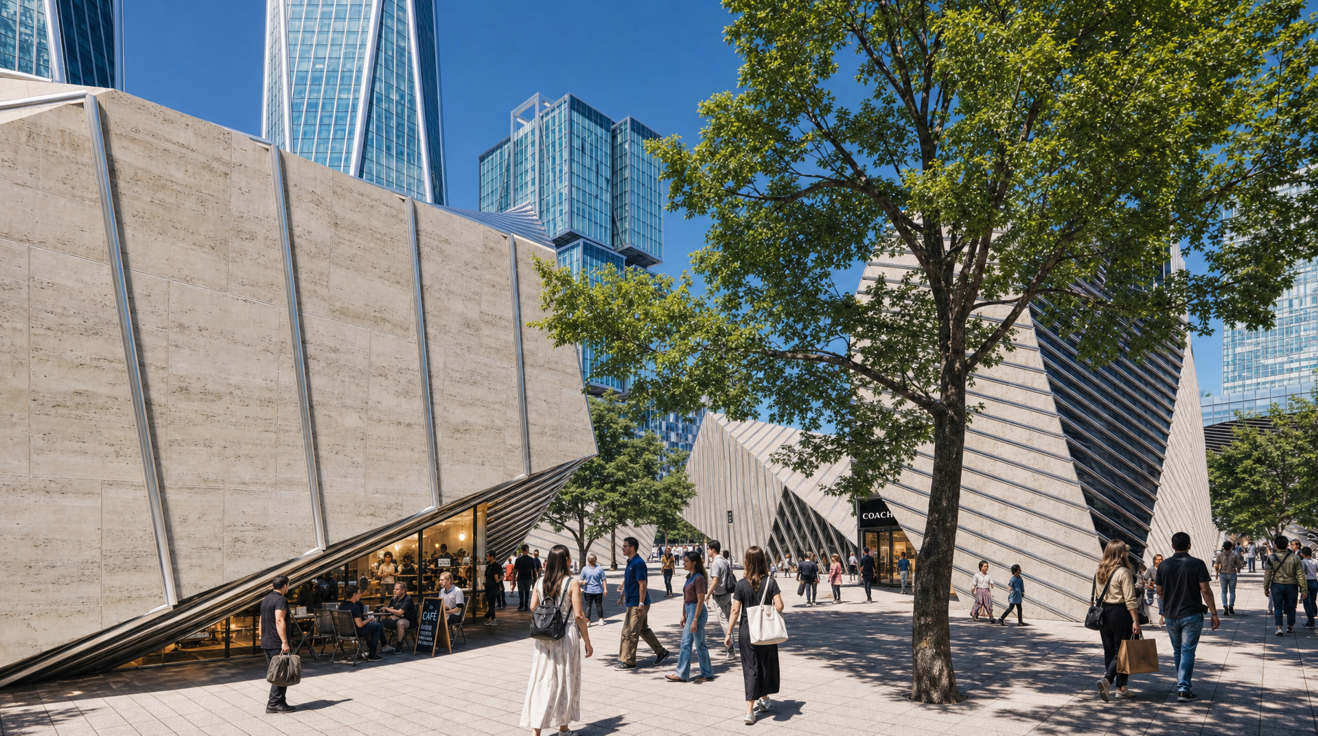 People walking outdoors among modern buildings with glass facades and a large tree in an urban shopping area.