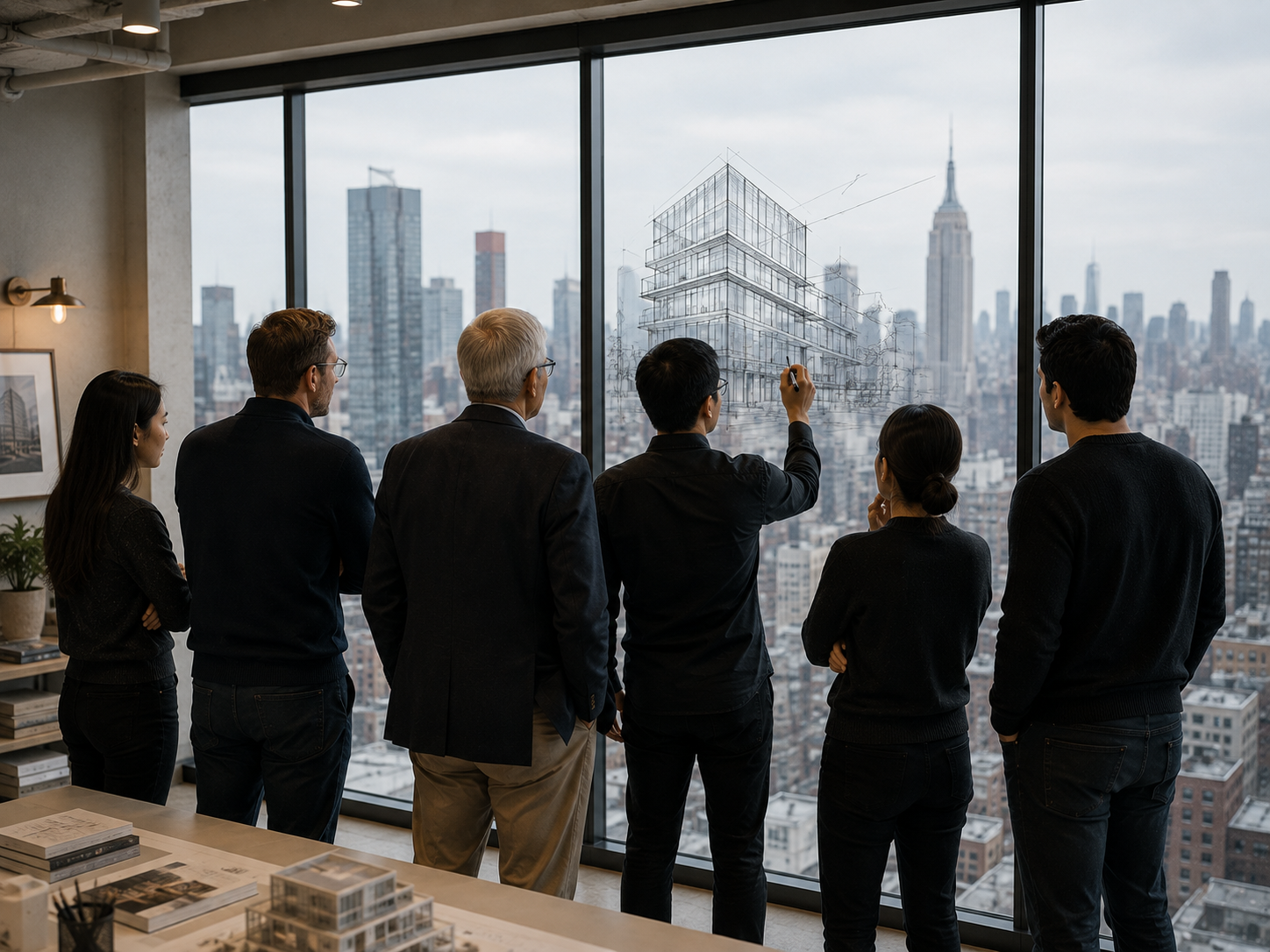 Group of six professionals watching a man drawing architectural design on a large window overlooking New York City skyline.