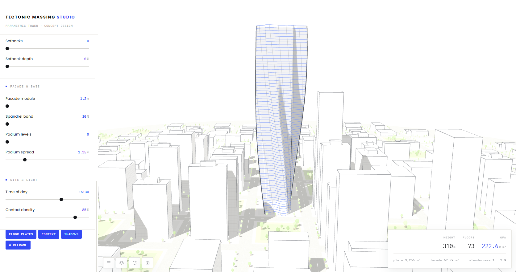 3D digital model of a modern skyscraper in a cityscape, highlighting its structure and design features.