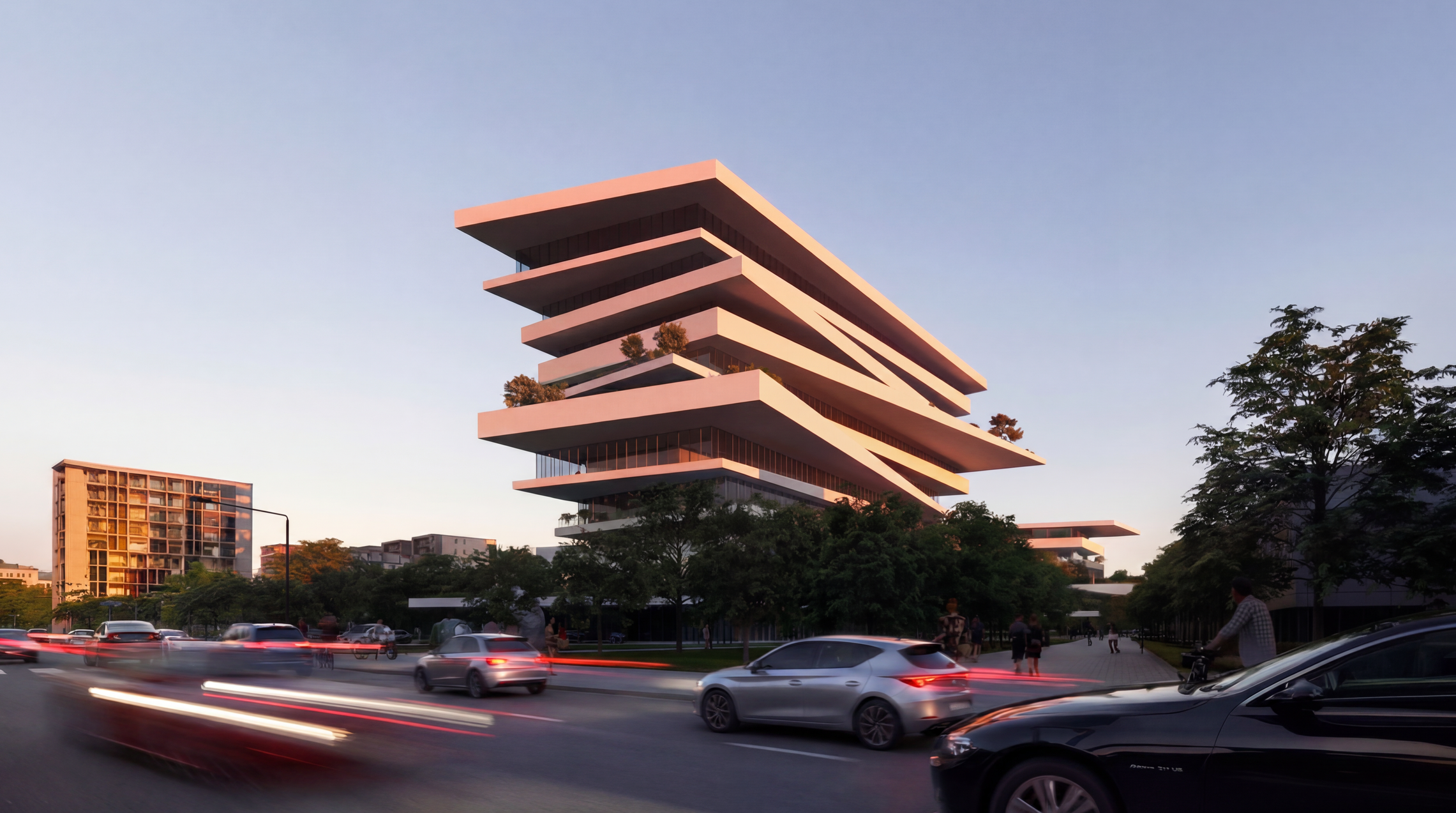 Modern multi-story building with stacked, cantilevered floors during sunset with blurred cars and people on the street.