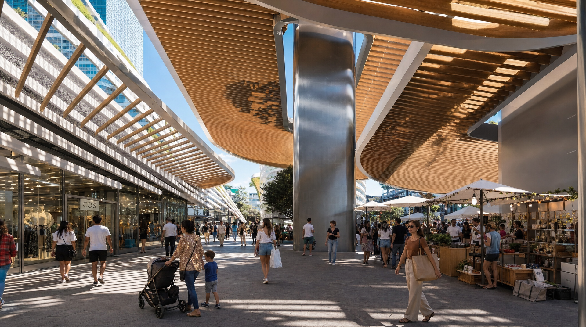 People walking and shopping at an outdoor marketplace under large modern architectural canopies with wooden slats, glass storefronts, and market stalls with umbrellas on a sunny day.