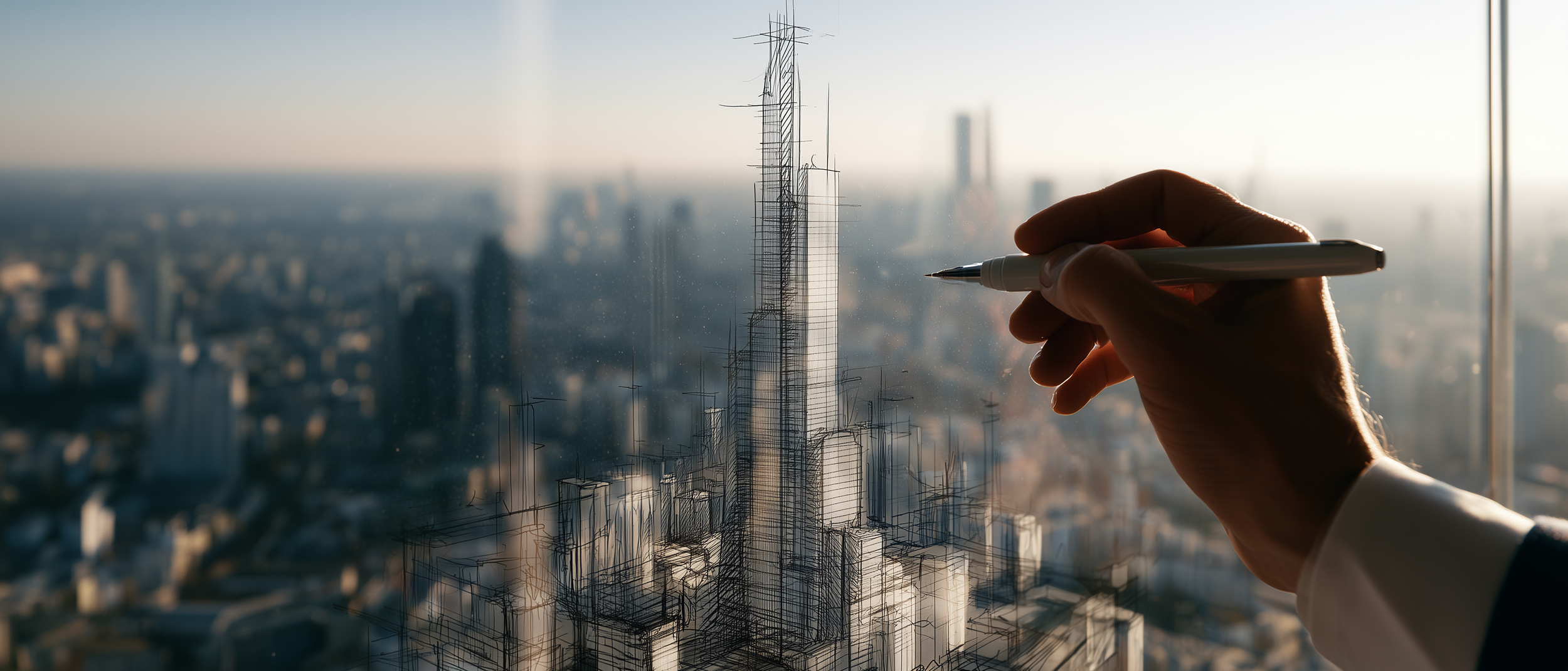 A person holding a pen drawing a wireframe sketch of a skyscraper on a glass window, with a city skyline in the background.