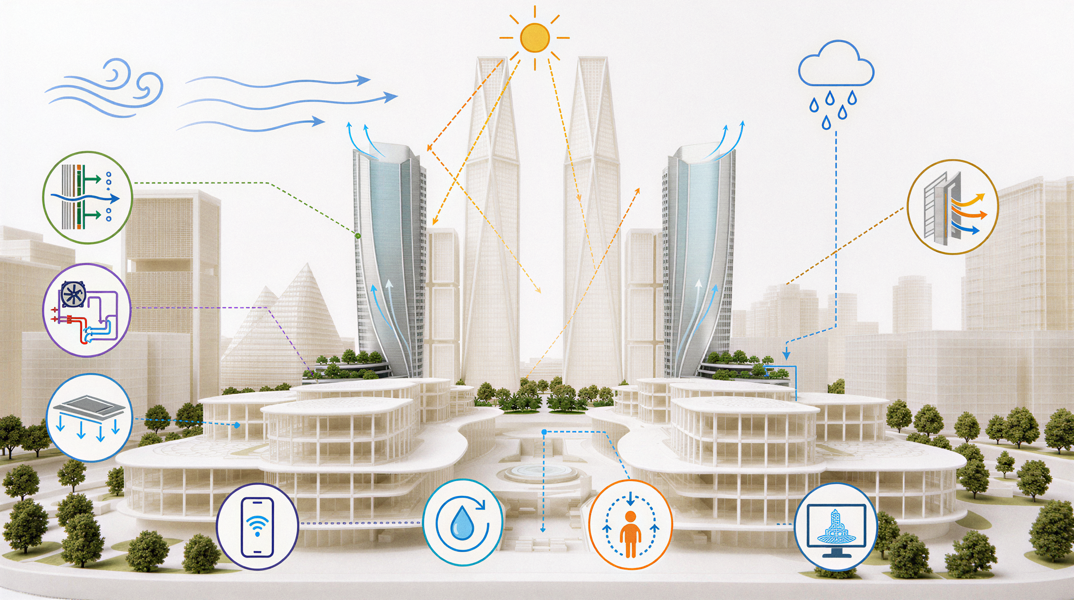 A digital illustration of sustainable city infrastructure, including buildings with integrated energy and water management systems, surrounded by trees.