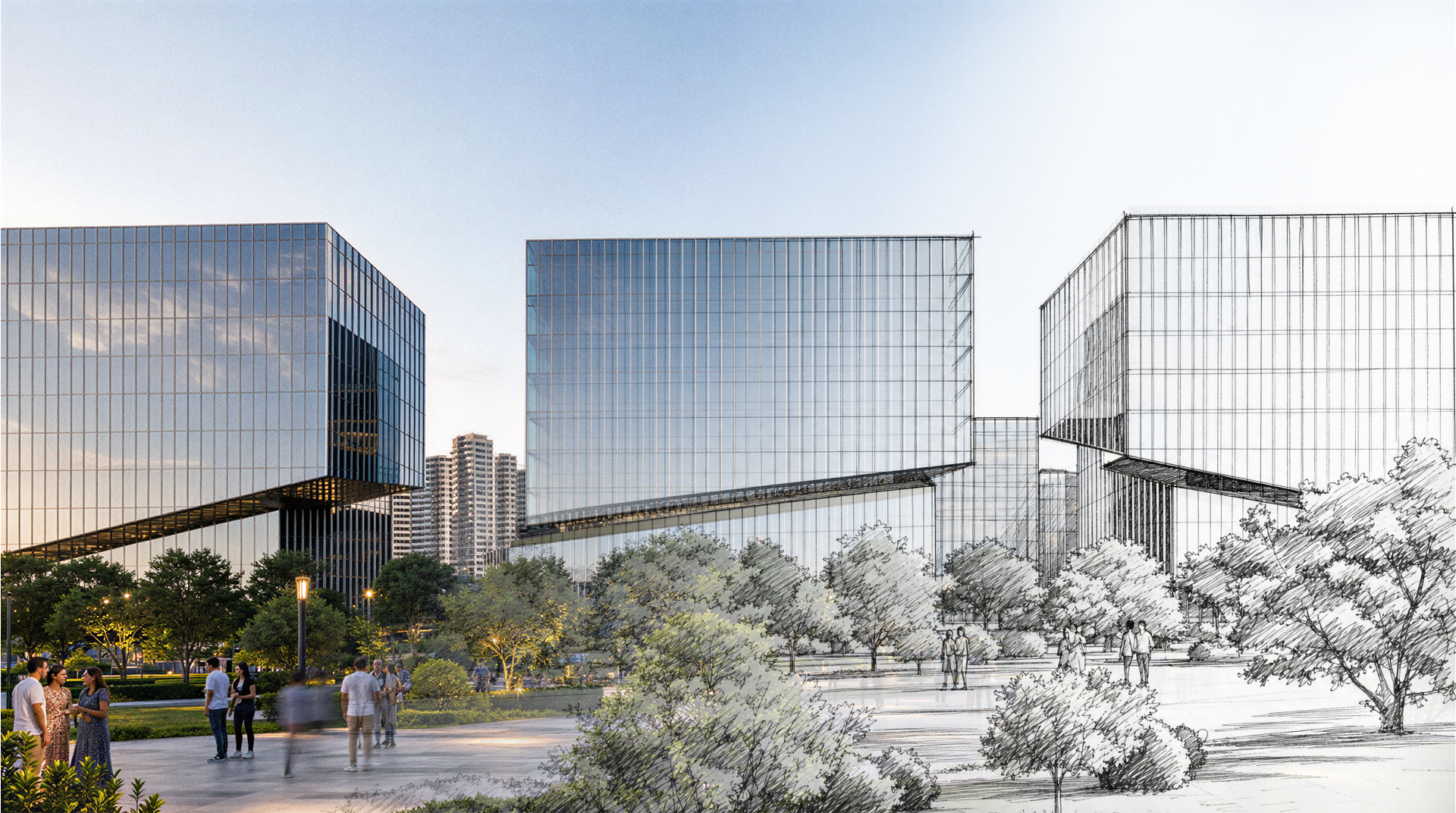 A split image of an urban park with modern glass buildings in the background; the left side shows a photograph of people walking and socializing in the park during time with natural light, and the right side features a detailed black-and-white sketch of the same scene.