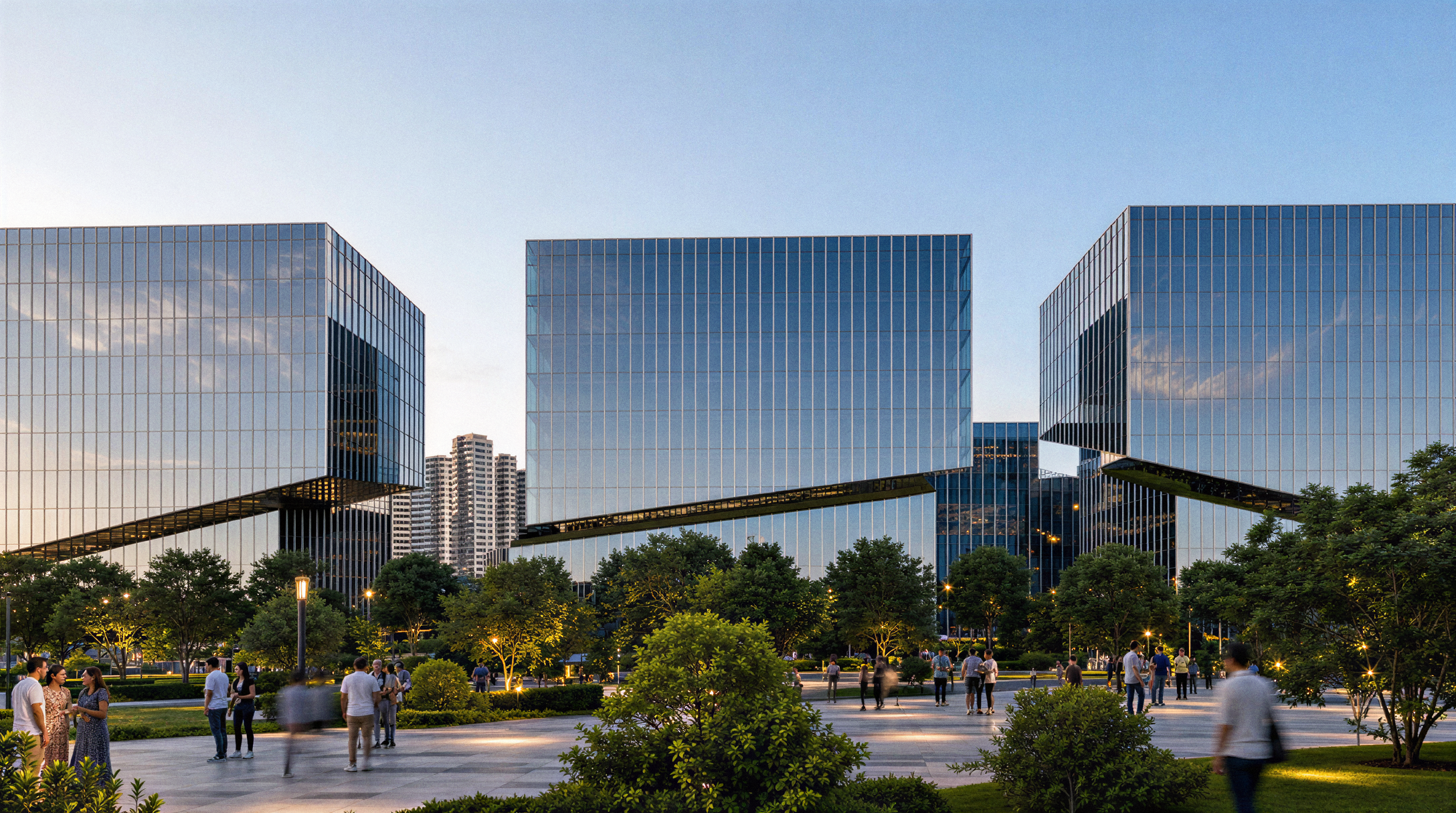 Modern glass office buildings with reflective windows, surrounded by a park with green trees and people walking, during dusk.