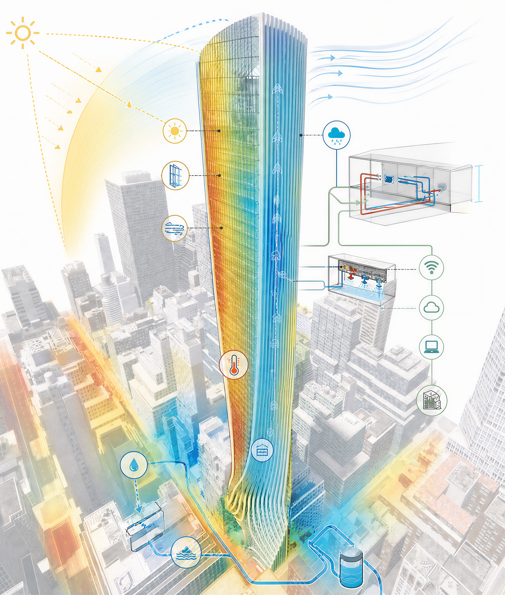 Diagram of a sustainable skyscraper with features like solar panels, green walls, natural ventilation, rainwater harvesting, and energy-efficient systems.