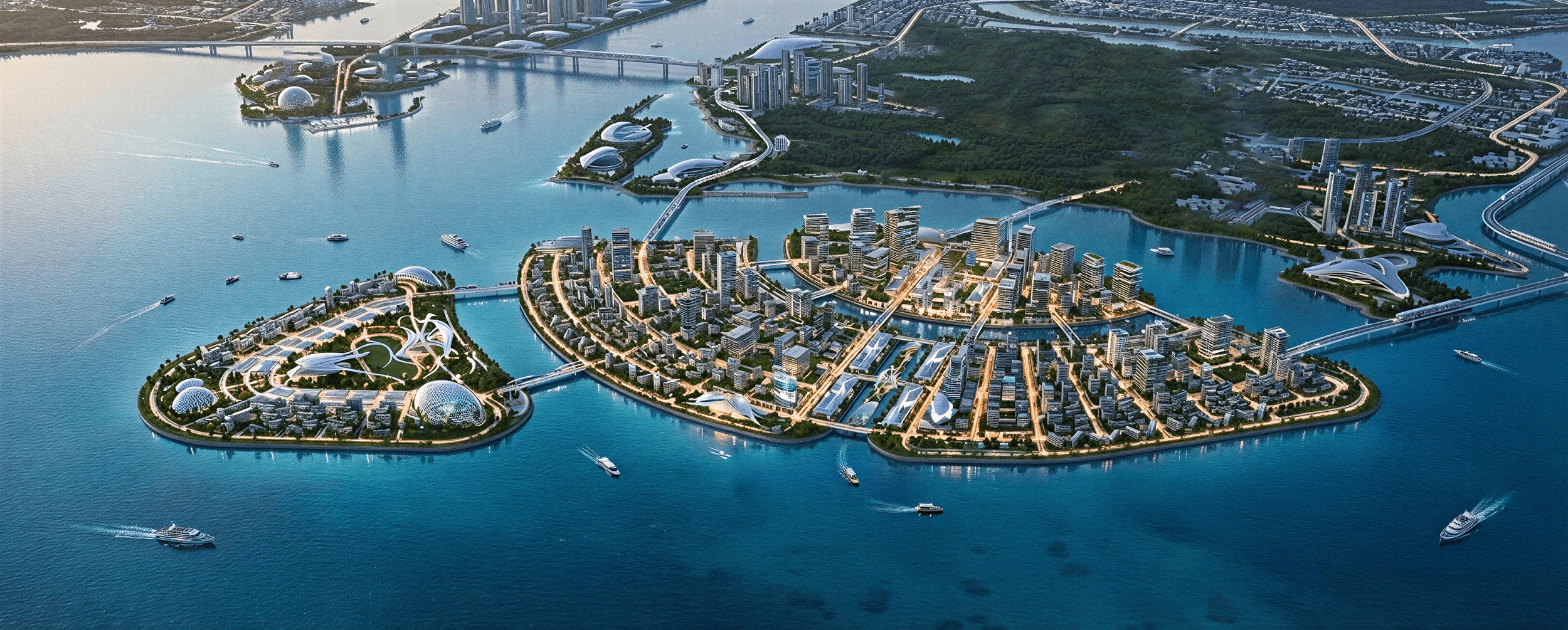 Aerial view of a modern city with high-rise buildings, bridges, and waterways, including green parks and boat traffic.