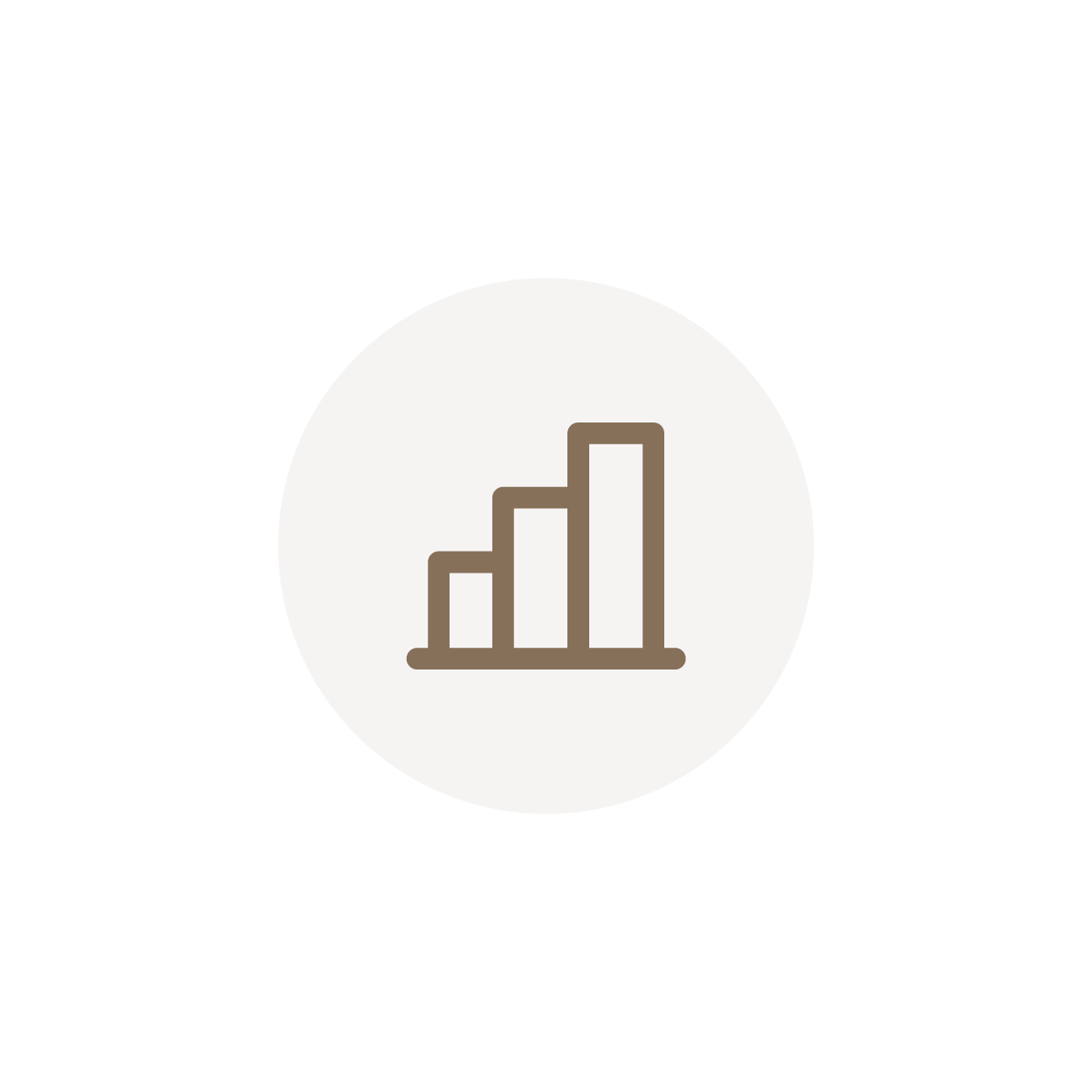 Icon of a bar chart with ascending bars in brown on a beige circular background.