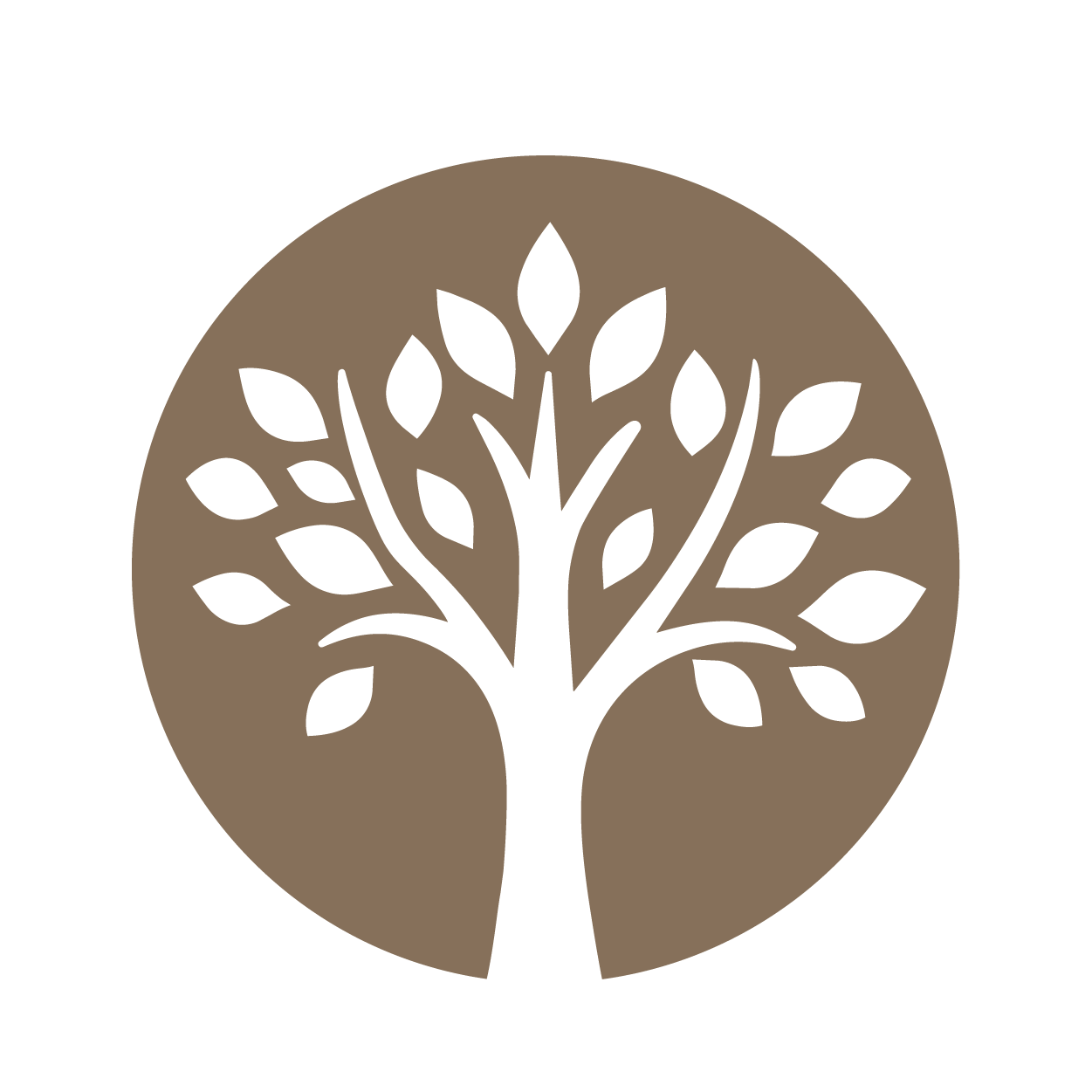 Silhouette of a tree with leaves inside a brown circle, on a black background.