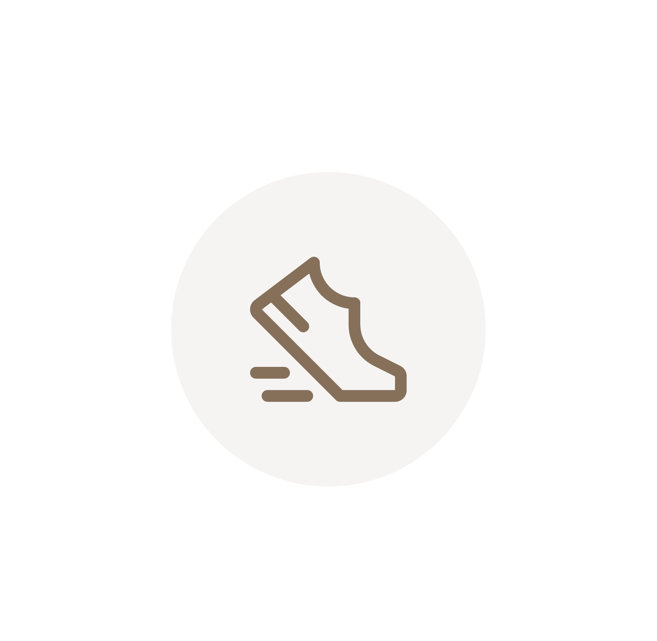 Shoe icon with motion lines on a gray circle