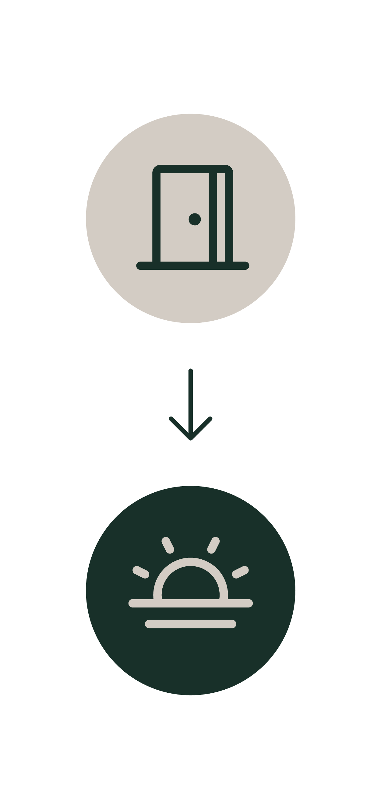 Diagram showing a door icon with an arrow pointing downward to a sunrise icon, indicating a process related to waking up or morning routine.