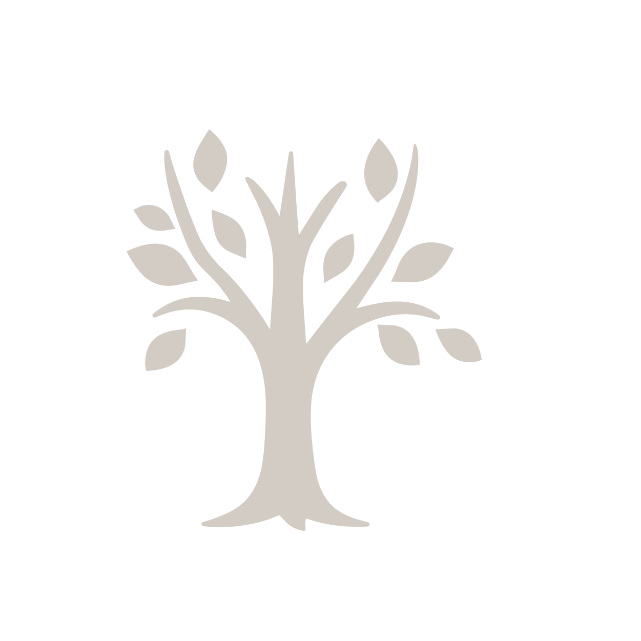 Gray tree icon with multiple branches and leaves on black background.