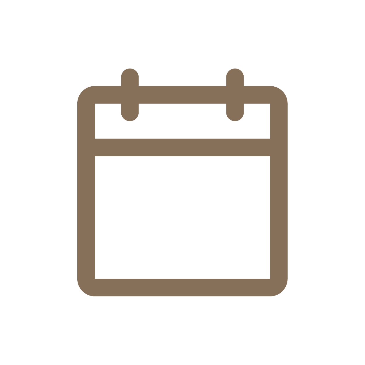 Outline icon of a calendar with a square shape and a row of two circles at the top, representing the binding.