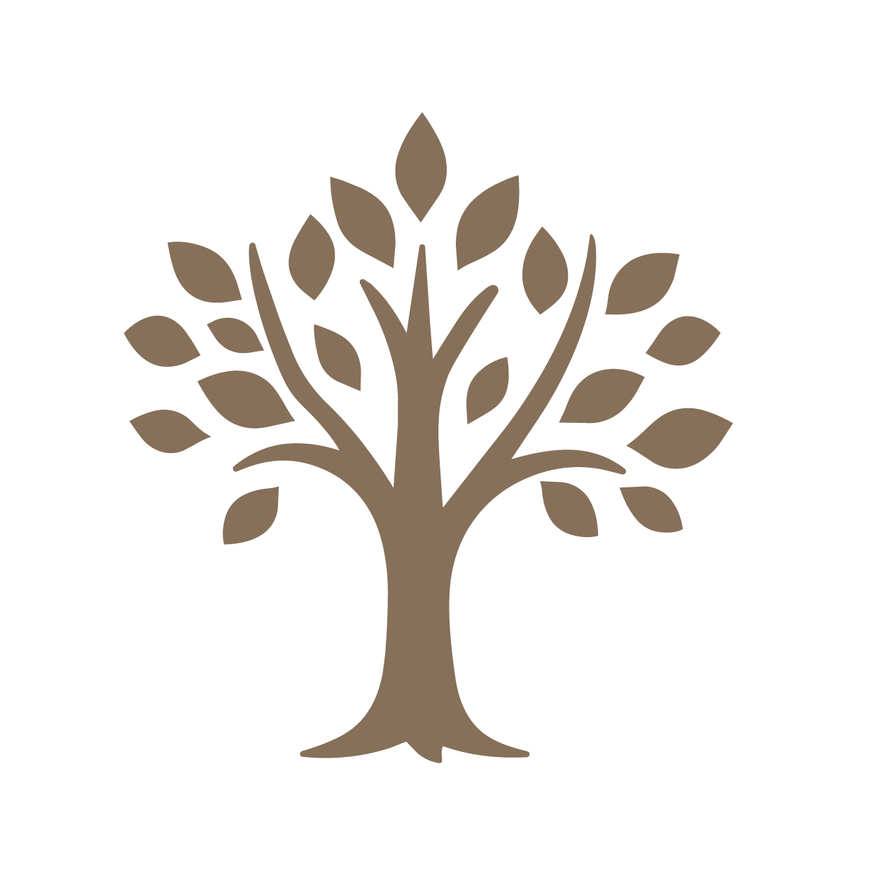 A stylized brown tree with many leaves on a black background.