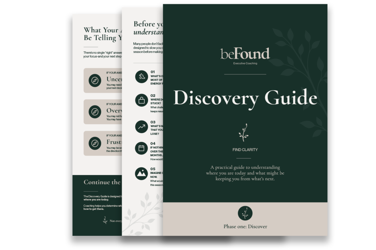 Cover page of a discovery guide titled 'beFound Discovery Guide' with the subtitle 'Find Clarity' and a decorative plant illustration. Inside pages show sections with icons related to understanding and overcoming challenges, and text about coaching and discovery.