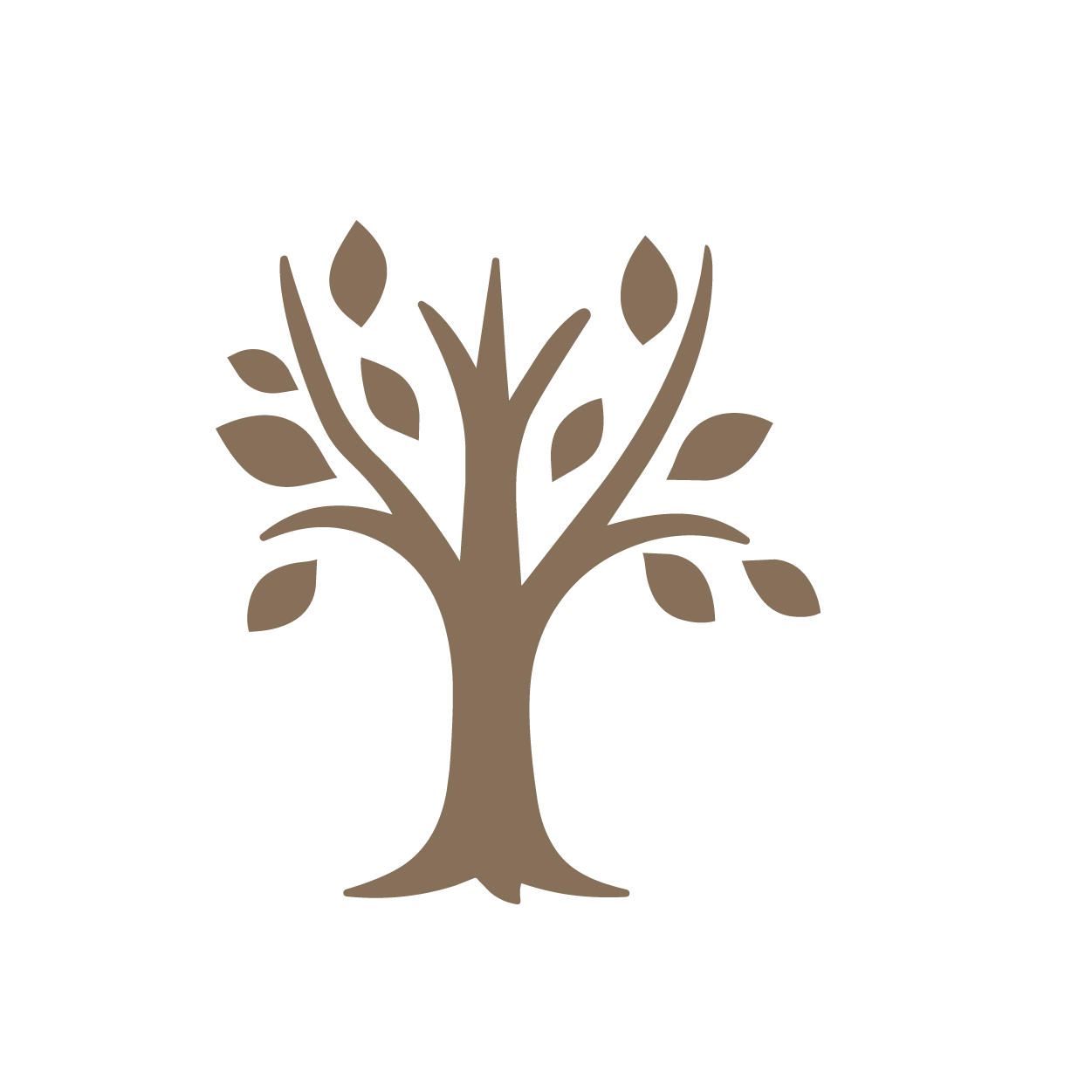 Stylized brown tree with multiple branches and leaves on a black background.
