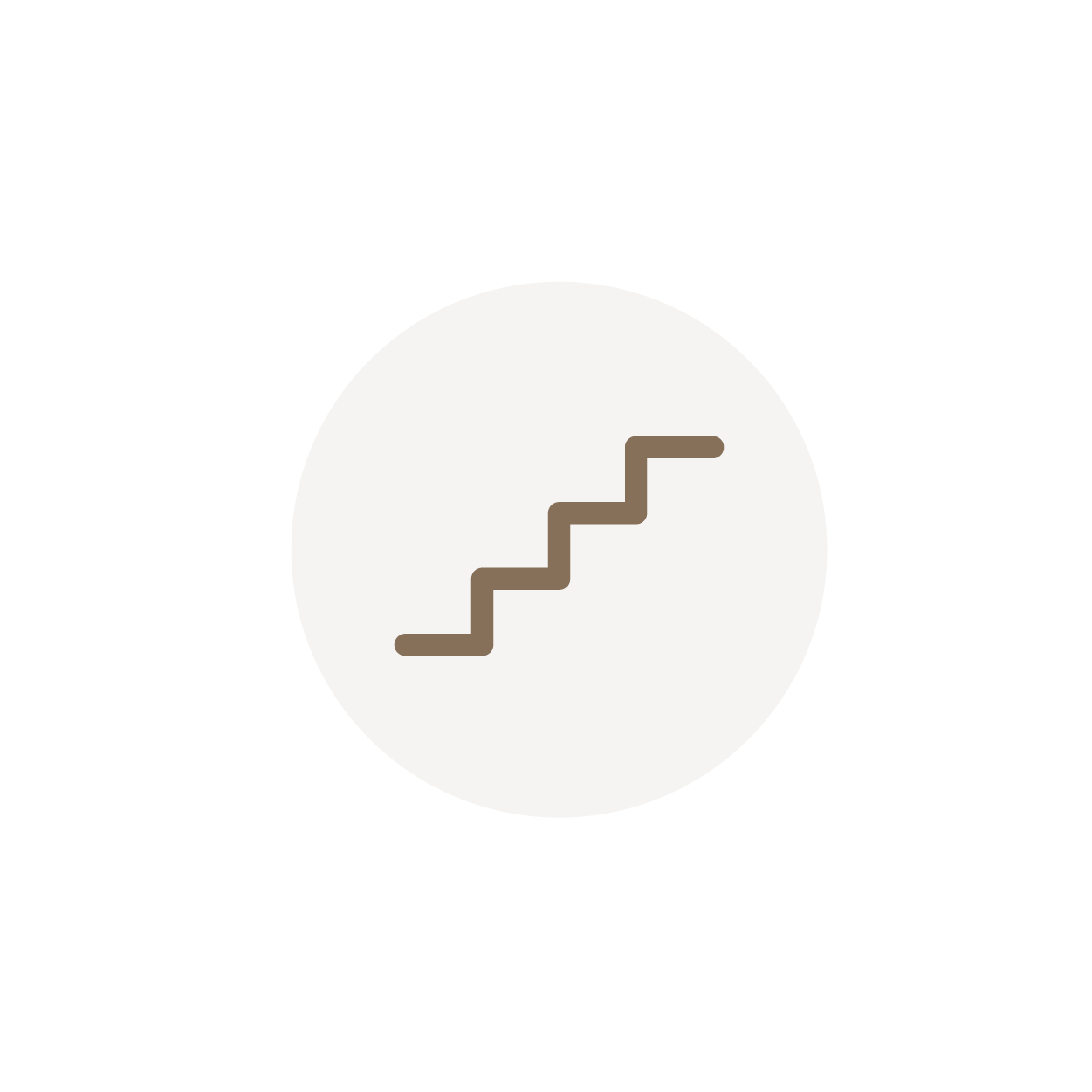 A graphic icon of stairs inside a light gray circle, representing steps or progress.
