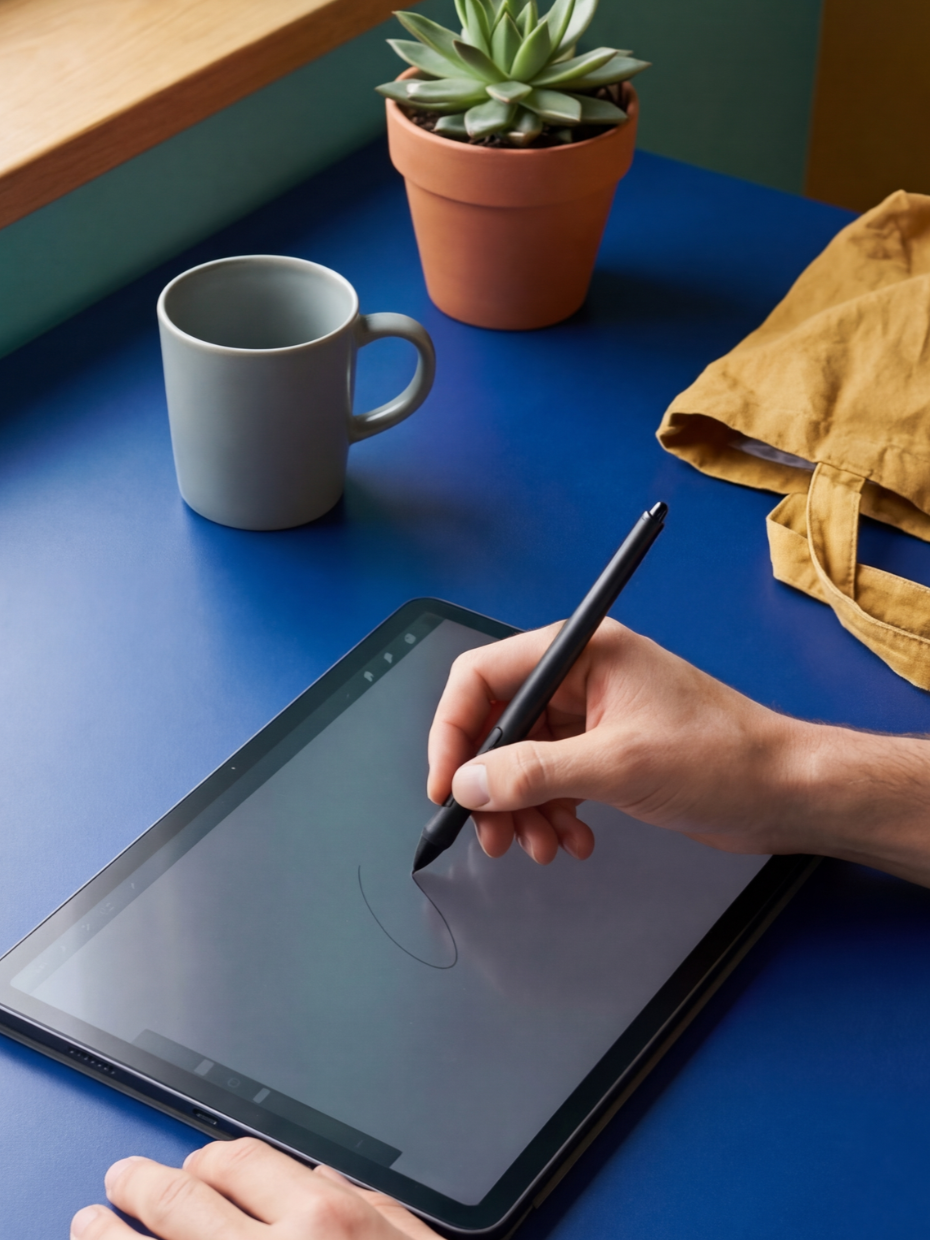 Person drawing on a tablet with a stylus, placed on a blue surface. Nearby are a potted succulent, a white mug, a mustard-coloured cloth, and a wooden surface.