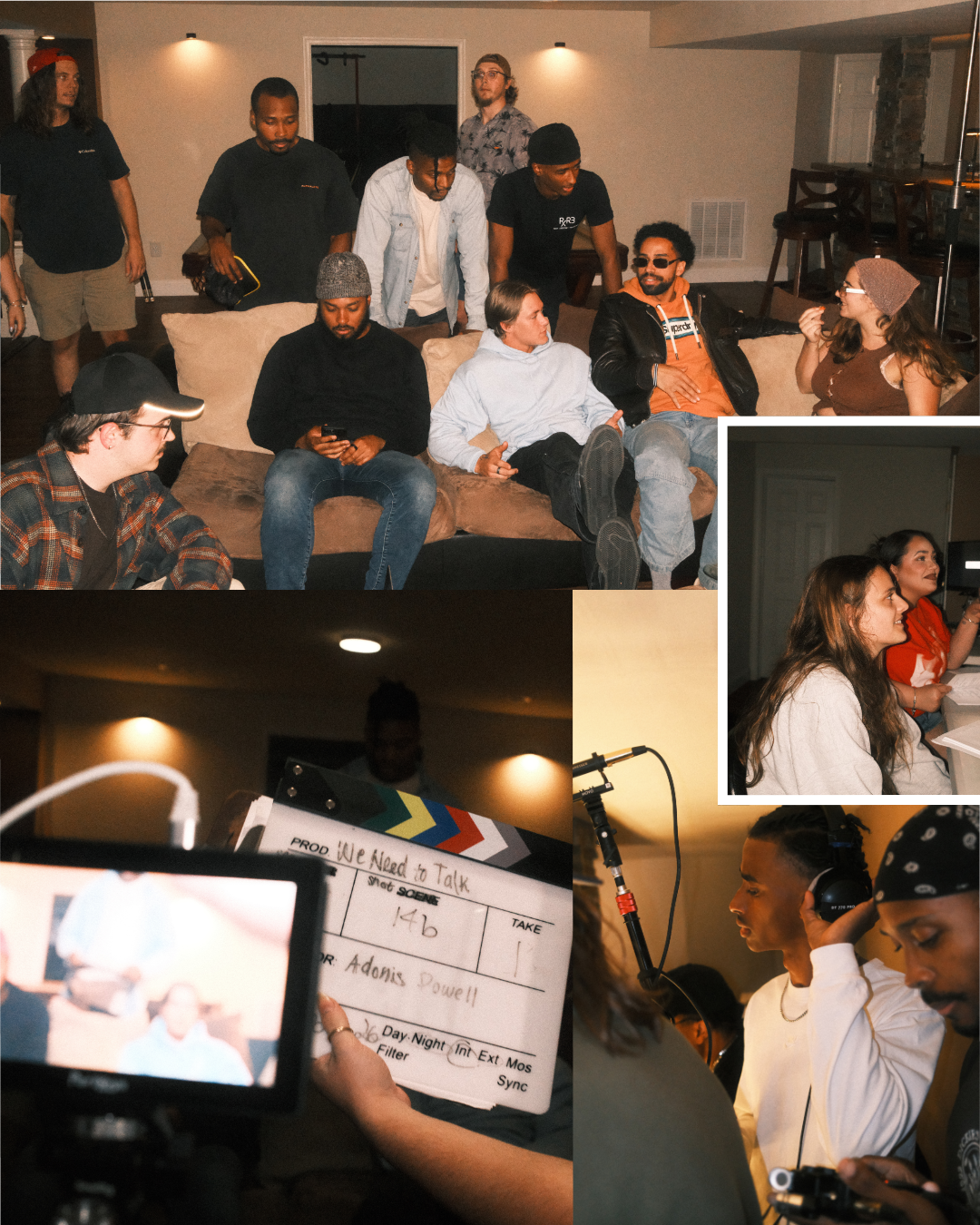 Group of people participating in a film or video production, with some sitting on a couch and others standing around, while others operate camera and sound equipment in an indoor setting.