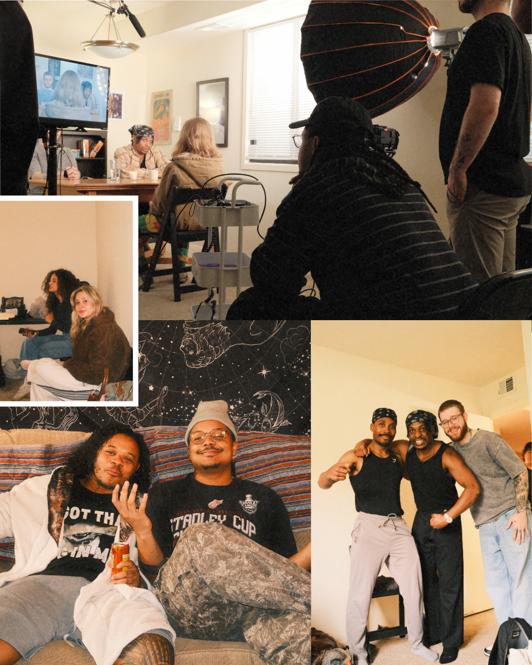 A collage of four photographs of people in casual and social settings. The main image shows a film crew filming an interview in a home, with a camera, lighting, and a monitor visible. The second image features two women sitting on a couch, one with curly hair and the other with blonde hair. The third image shows two men relaxing on a couch, one with curly hair and the other wearing glasses and a beanie, with a starry sky mural behind them. The fourth image displays three men standing together, two wearing black tank tops and bandanas, and one in a gray t-shirt, smiling and posing for the camera.