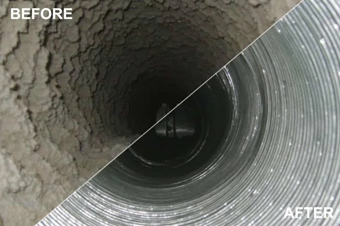 Split view of a pipe with dirt and debris on the left, and a clean, shiny pipe interior on the right.