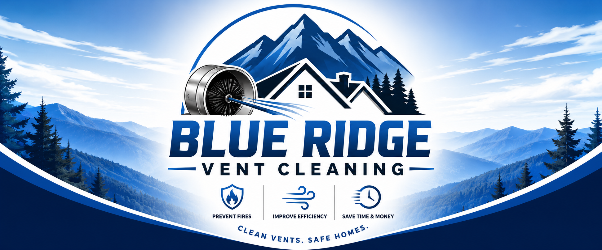 Logo of Blue Ridge Vent Cleaning featuring mountains, a house, a vent, and icons representing fire prevention, efficiency improvement, and cost savings, with a blue color scheme and tagline about clean vents and safe homes.