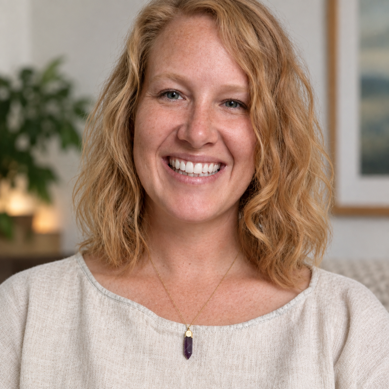 Close-up of a smiling woman with wavy red hair, wearing a light-colored sweater and a necklace with a purple pendant, in a cozy indoor setting.