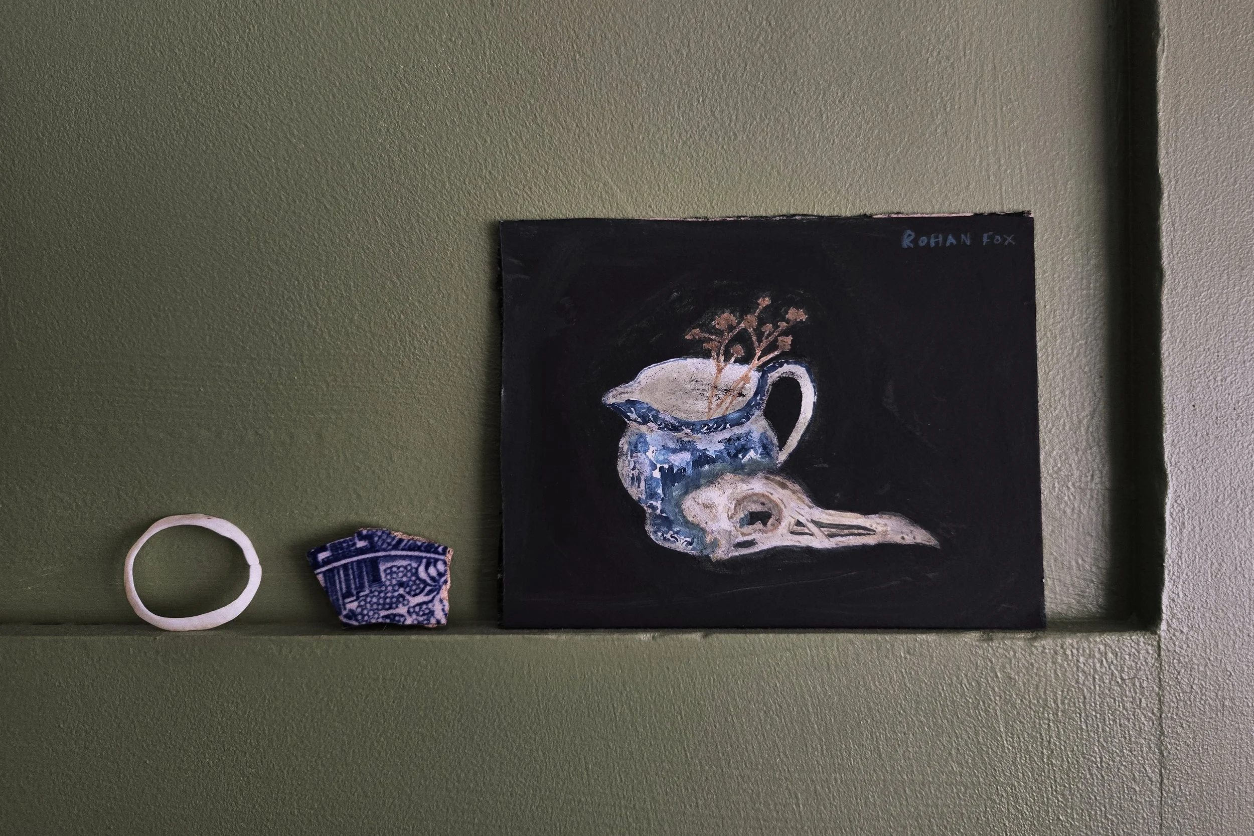 Corvid skull and willow jug - Gouache on watercolour board, 2025