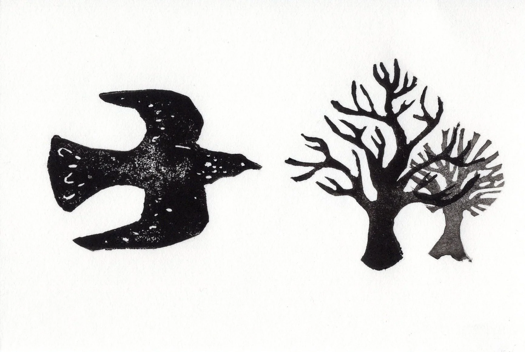Pigeon flying into woods / 'The only way is through' - linoprint on bamboo paper, 2024