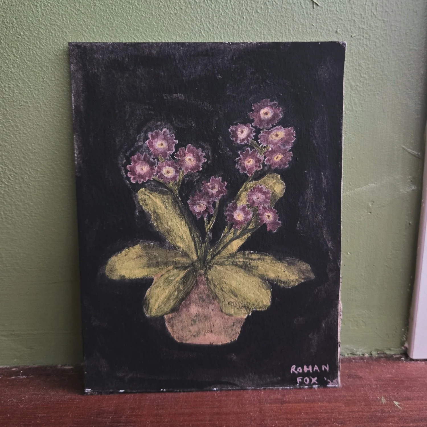 Primulas in terracotta pot - Gouache and charcoal on watercolour board, 2025 
