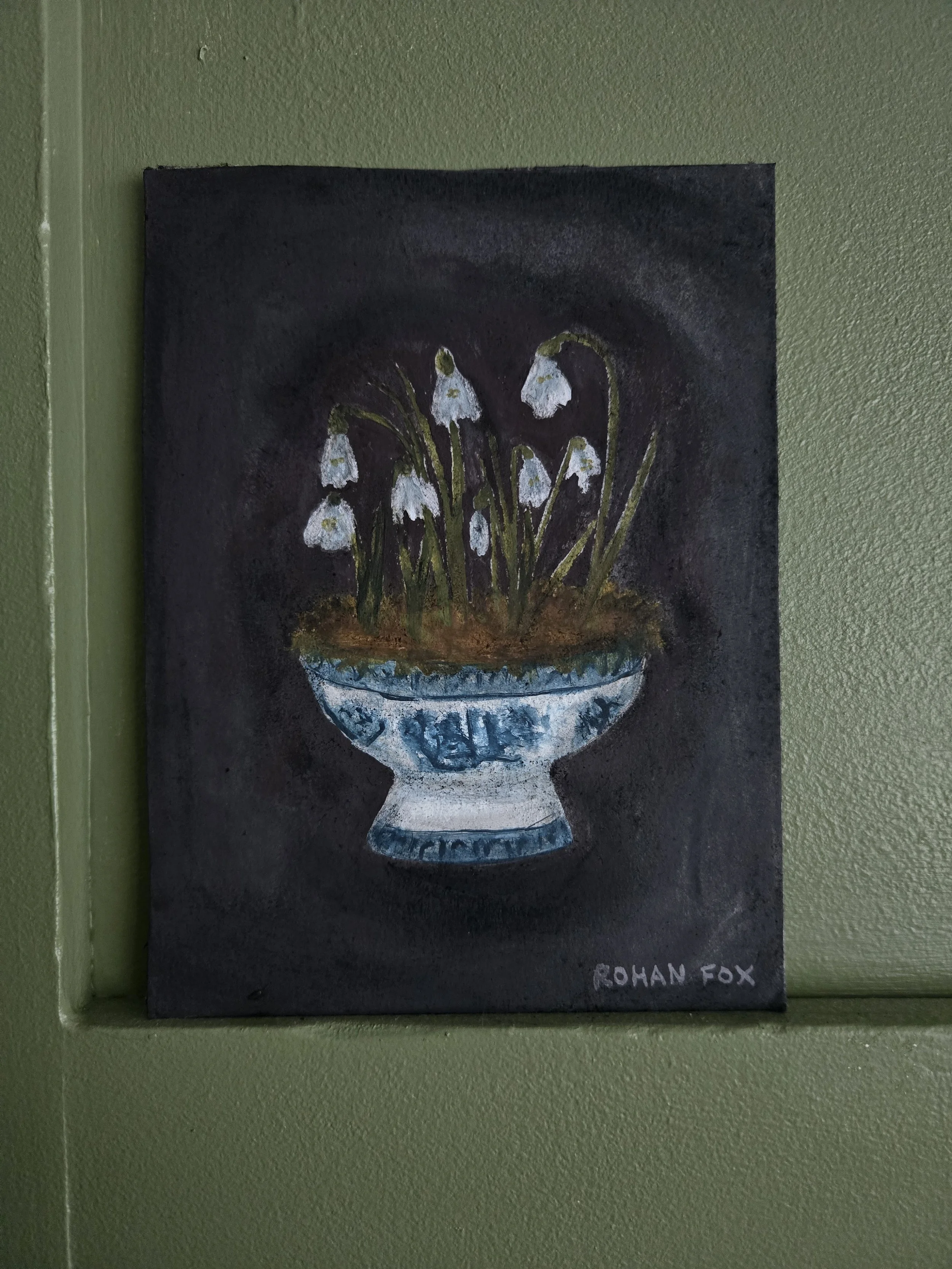 Snowdrops in willow bowl - Gouache and charcoal on watercolour board, 2025 
