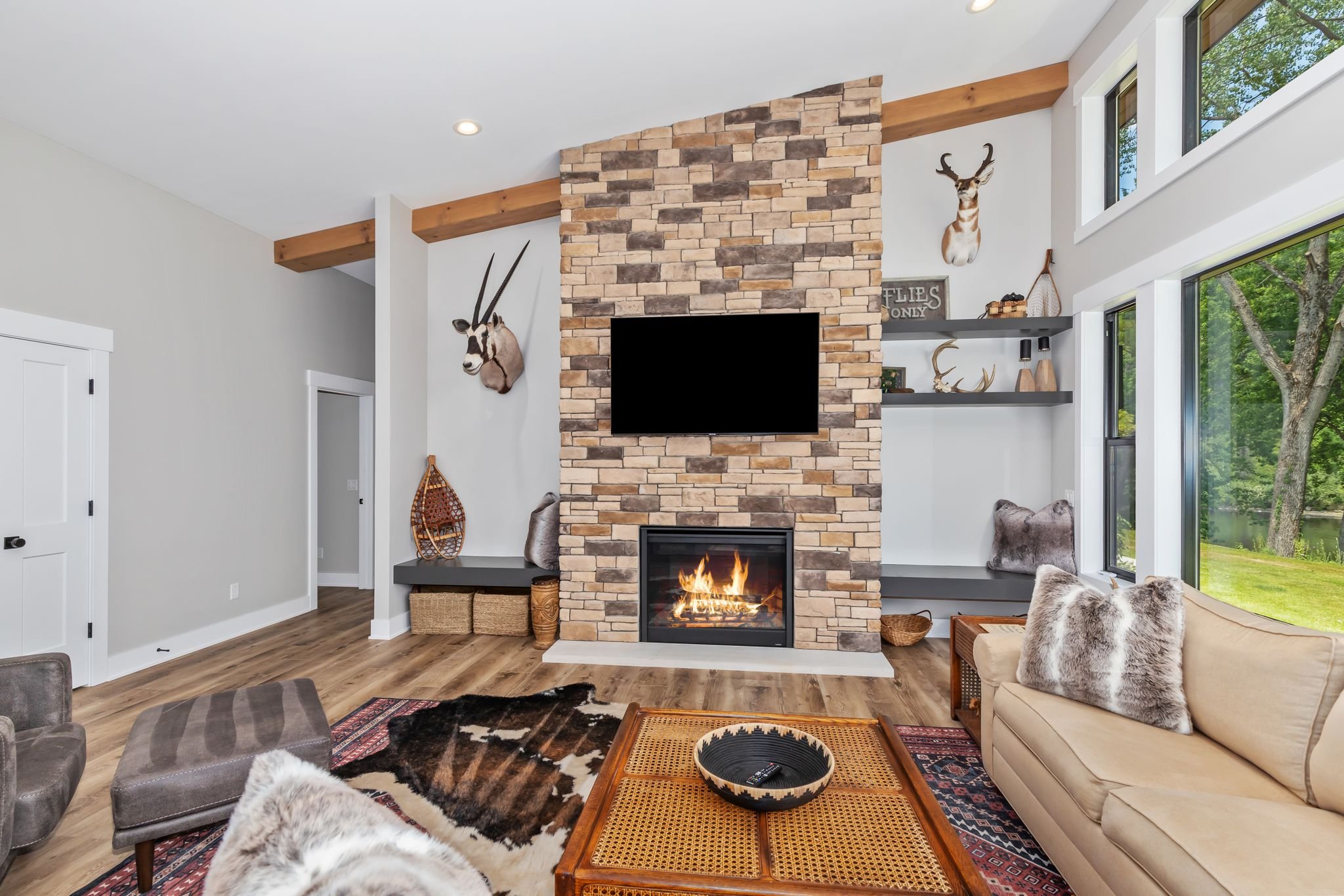 Cozy up by the fire to play games or
watch a movie.
