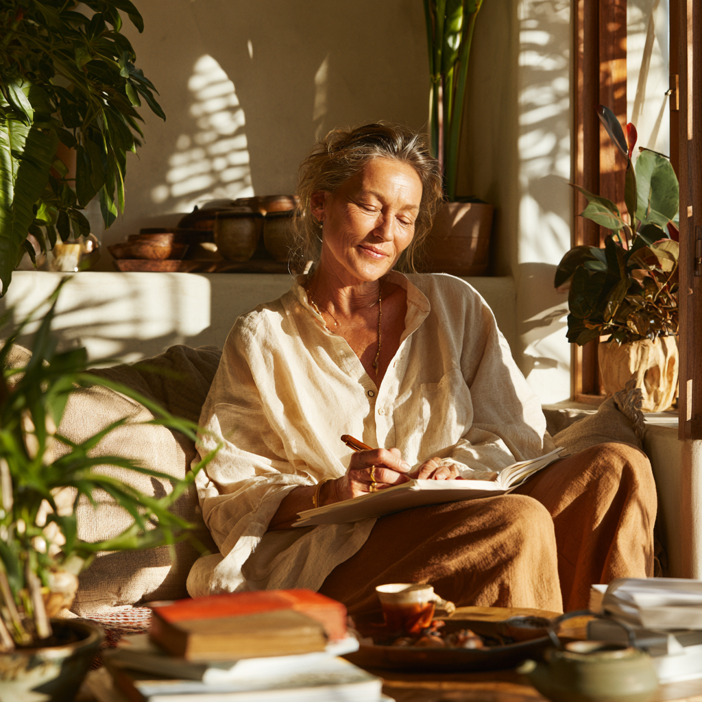 A woman sitting on a sofa, writing in a notebook, surrounded by potted plants and sunlight.
