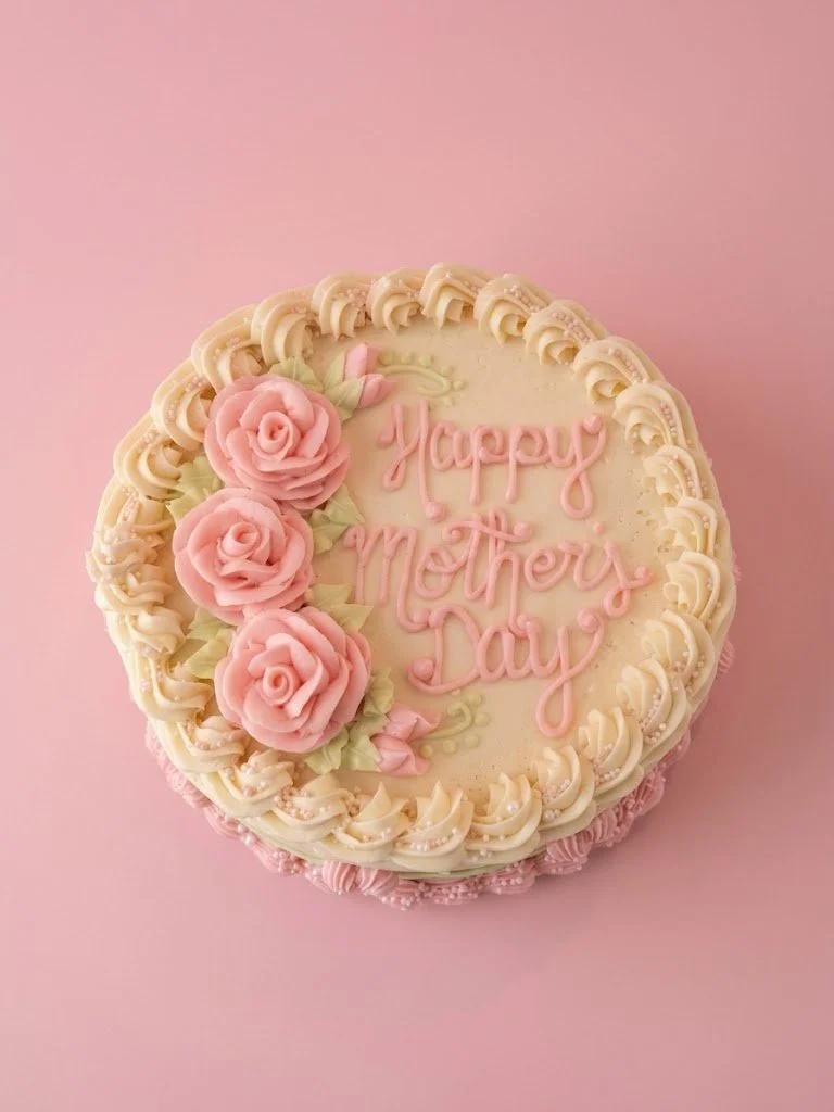 A decorated cake with pink roses and the message "Happy Mother’s Day" on top, set against a pink background.