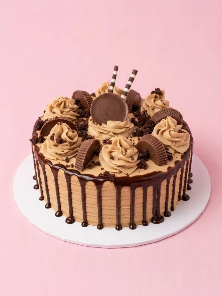 Chocolate cake with caramel frosting, chocolate drip, decorative piped frosting, Oreo cookie, and striped chocolate sticks on top, placed on a white cake board against a pink background.