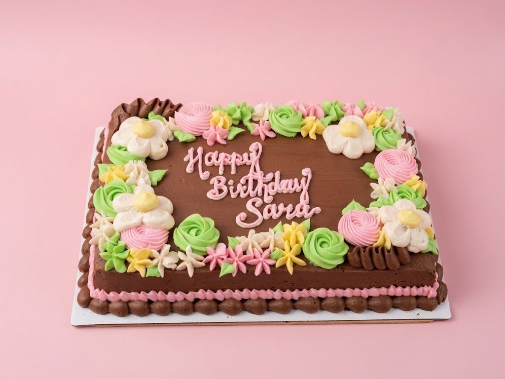 A rectangular birthday cake with chocolate frosting, decorated with colorful buttercream flowers and swirls, and the message 'Happy Birthday Sard' written in pink icing on top, set on a pink background.