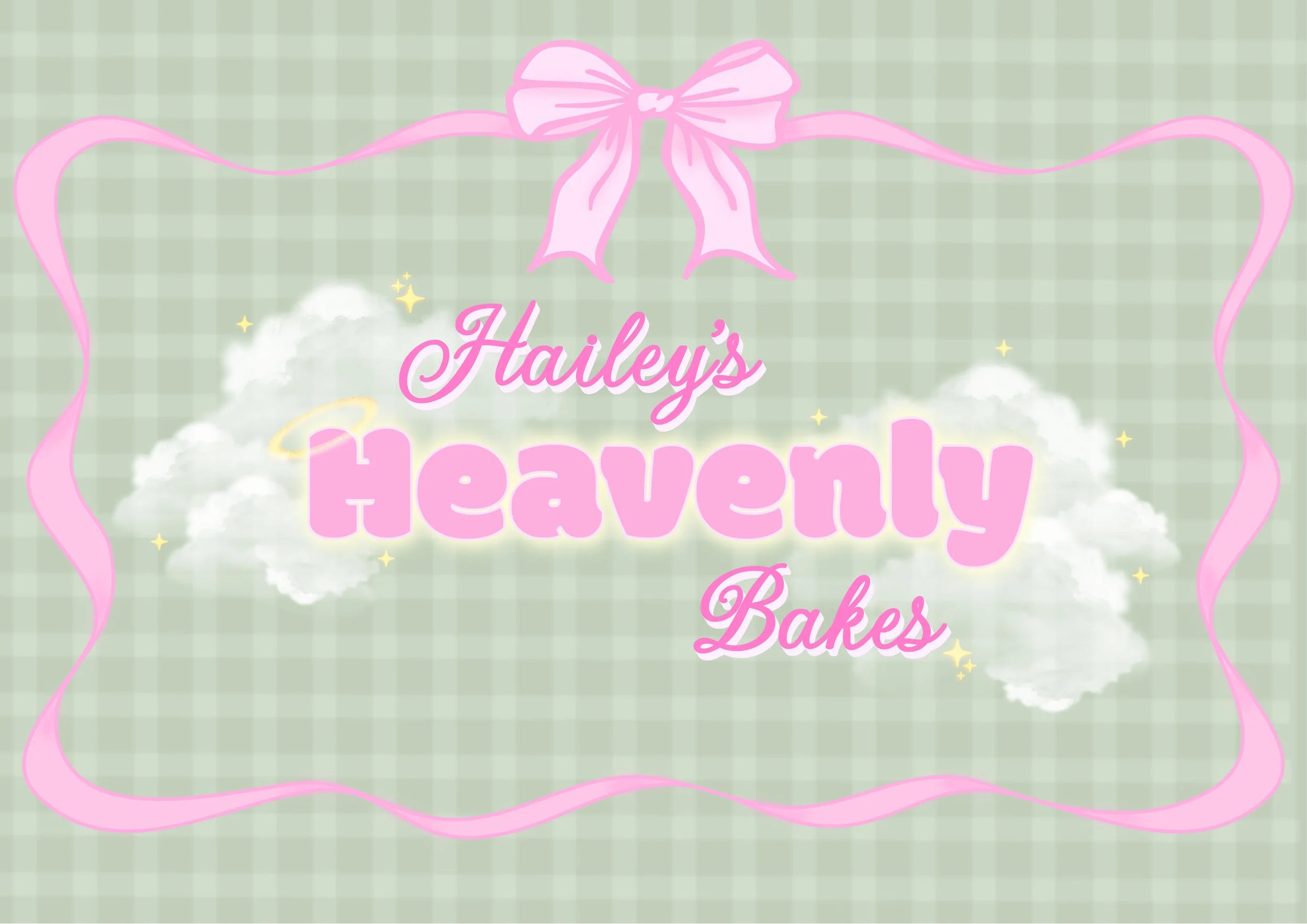 Pink text on a light green checkered background reads 'Hailey's Heaven Bakes' with a pink bow and pink ribbon framing the top and sides, and clouds with sparkles around the text.