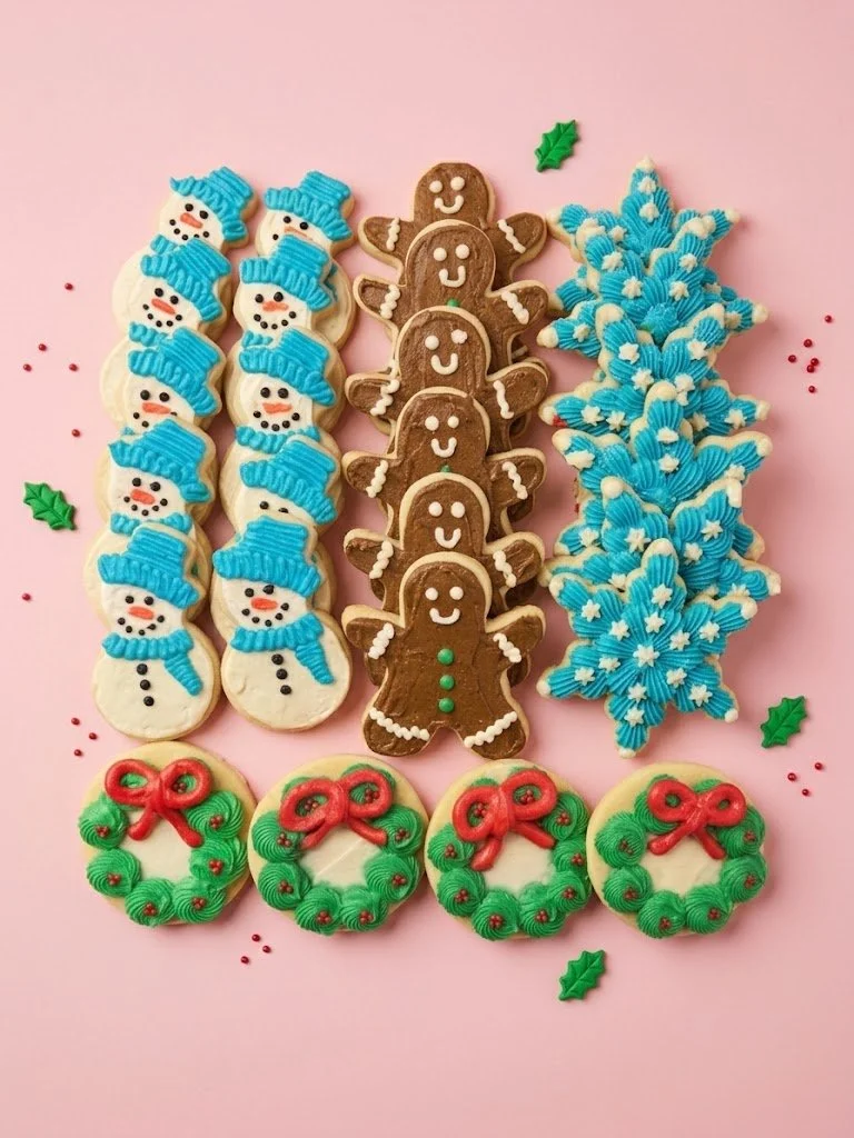 Assorted decorated Christmas cookies on a pink background, including snowmen, gingerbread men, Christmas trees, and wreaths.