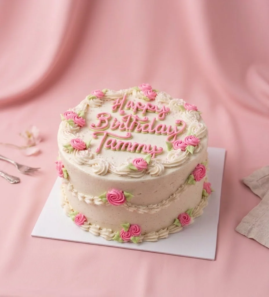 Pink birthday cake with white and pink floral decorations, with the message "Happy Birthday Tammy" written on top, placed on a pink tablecloth.
