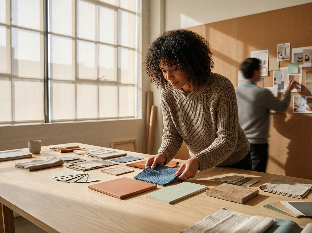 A woman arranging fabric swatches on a table in a creative workspace with sunlight streaming through large windows.