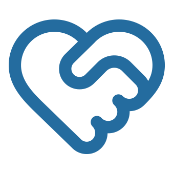 A stylised heart shape formed by two hands shaking, symbolising care and connection.