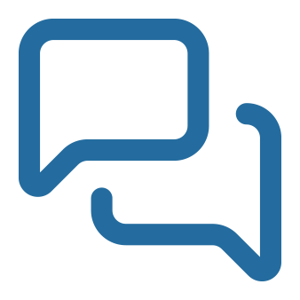 Two overlapping speech bubbles, one outlined and one filled, in blue.