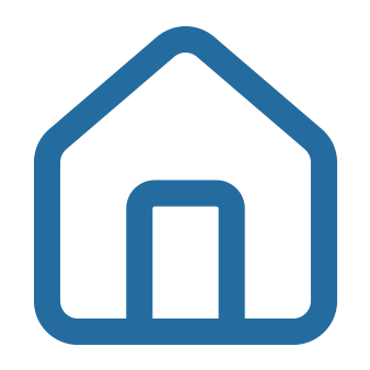 A simple blue outline of a house with a peaked roof and rectangular door, representing home visits.