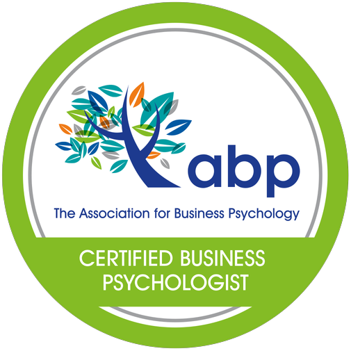 Badge with a green outer circle, a white inner circle with a stylised tree with multicolored leaves, and text that says "ABP The Association for Business Psychology" and "Certified Business Psychologist".