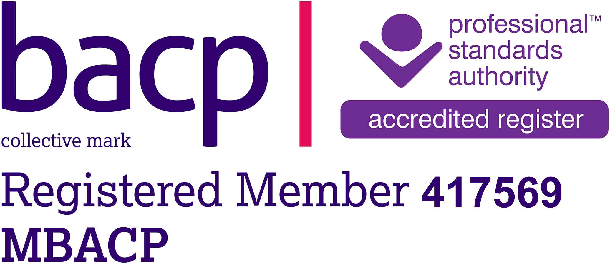 Certificate or badge with text indicating professional standards, authority, and accredited register, with words and numbers, including 'Registered Member' and '417569'.