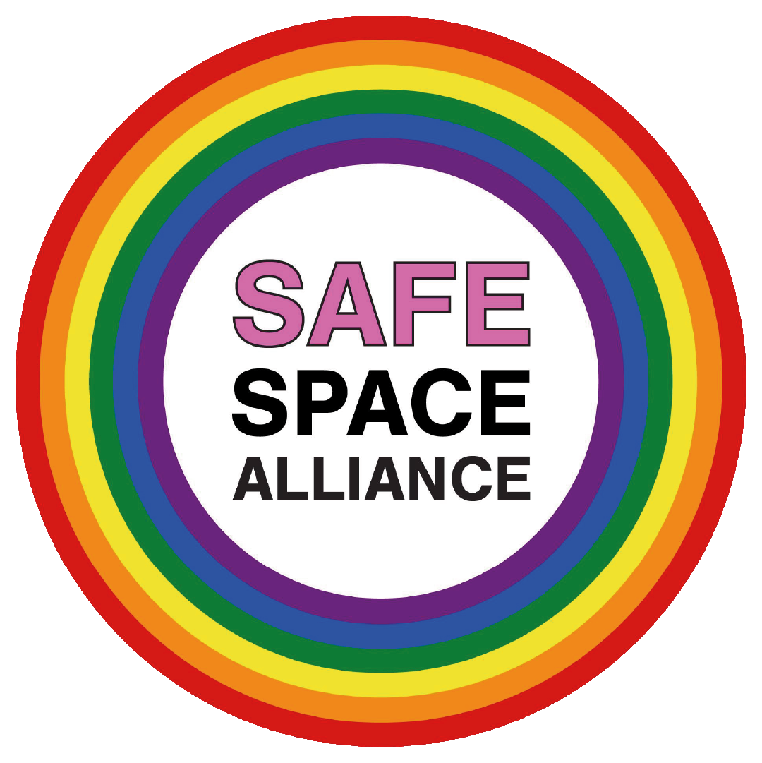 Rainbow-colored circular logo with the text 'SAFE SPACE ALLIANCE' in the center.