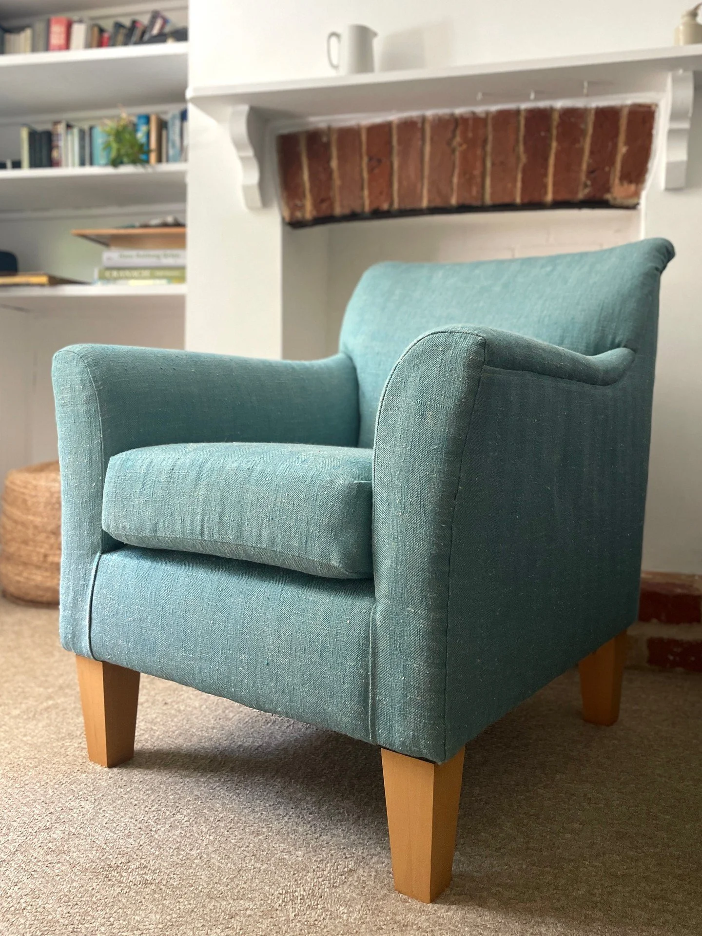 Looking truly wonderful in this self-striped slubbed super silky linen. The back has a lumber support and is lined with wool / cotton padding for an extra cosy feel. 
According to my sources it is 'the most comfortable chair [he] has ever sat in! To 