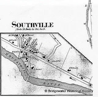 Historical map of Southville showing streets, properties, and the river.
