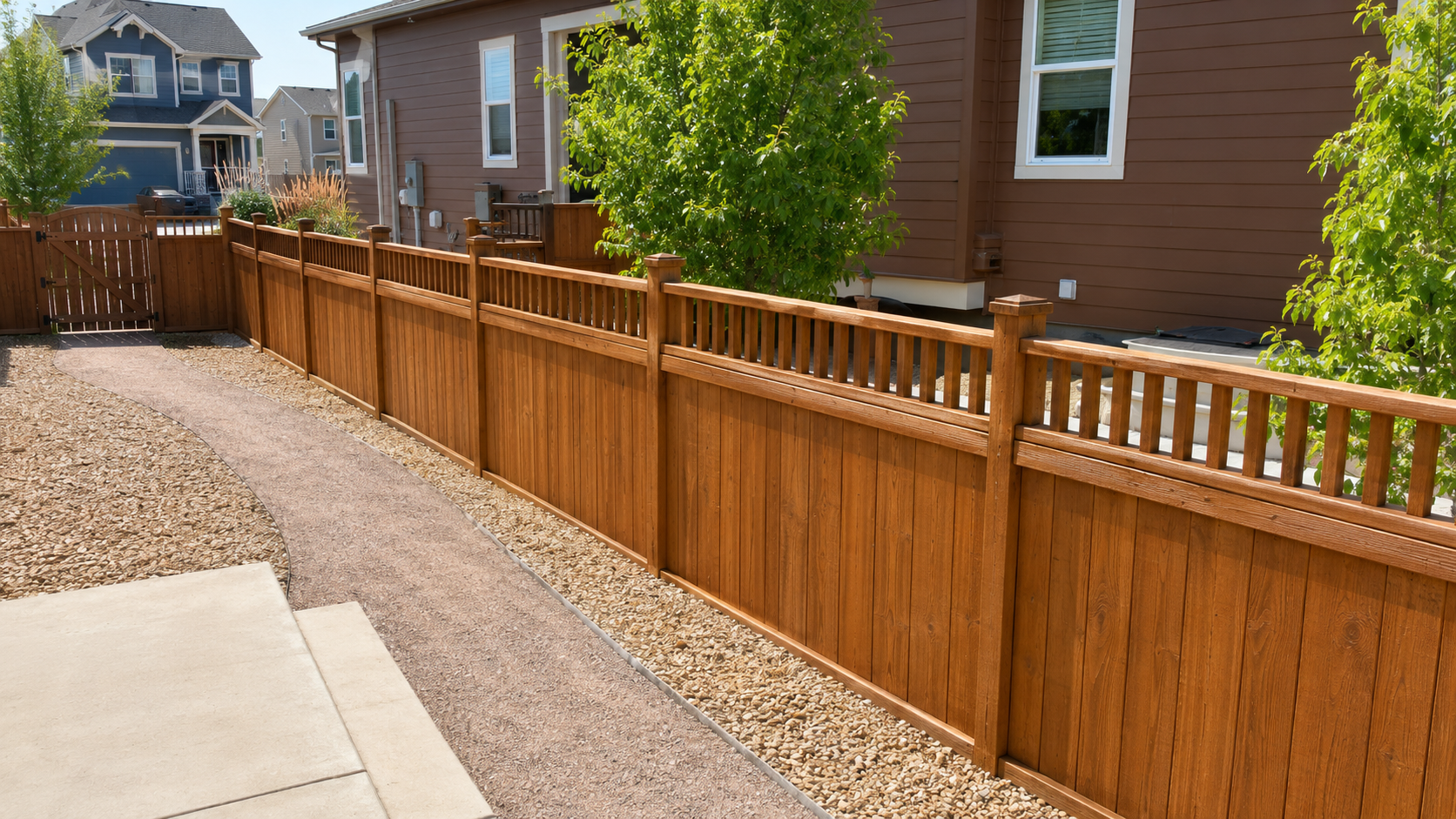 View of a backyard with a wooden privacy fence, a concrete pathway, and a gravel area. The house has brown siding and white-framed windows, with some plants and trees nearby.
